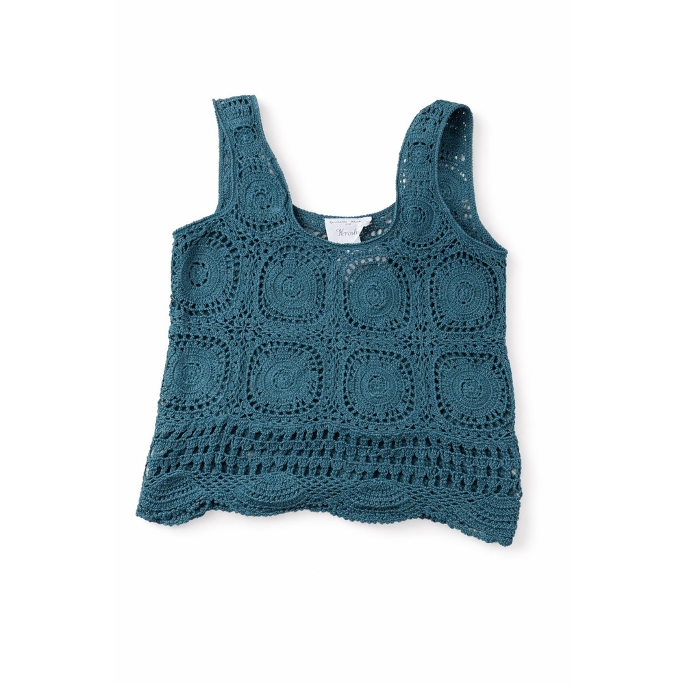 Kroshetta Womens Teal Blue Cotton Crochet Medallion Tank Top Size S NWT Flaw
